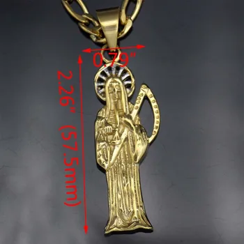 Karstā pārdošanas nerūsējošā tērauda Santa Muerte Svētā Nāve Grim Reaper Zelta 2 Signālu Kulons ar 23.62 Collu Ķēdes