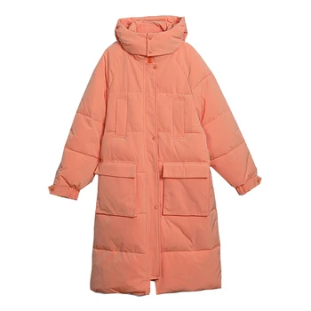 Korejiešu versija mīksti polsterēts mētelis, jaka ar lielām kabatām ziemas jauno ilgi uz leju, polsterēta parkas kapuci sievietēm mēteli