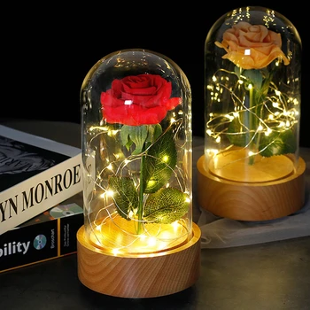 LED Gaismas Automātiskās Rotācijas Dižskābardis Bāzes Eternal Rose Puķu Stikla Vāks Sky City Music Box Mātes Valentīna Diena Dāvanu