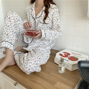 Lapas drukas pavasara rudens sieviešu pidžamas komplekts garas piedurknes atloks apkakli krekli sleepwear cute mājas komplekts kokvilnas homewear bikses Y279 26159
