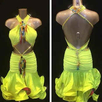 Latīņamerikas deju kleita multicolor rhinestone lodītes caurules bārkstis Salsas Tango Deju apģērbi soma hip profesionālās latīņu kostīms konkurss