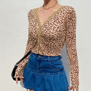 Leopards Izdrukāt Sieviešu y2k t-veida Topi, korejiešu Stilā Harajuku Mežģīnes Raibs Krekli Modes Estētisko 90s Topi 