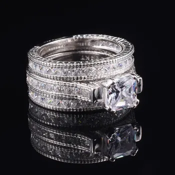 Luksusa 15ct Princese-cut Imitēts Diamond Gredzeni Komplekti 3-in-1 Vintage Saderināšanās Kāzu Gredzeni Sievietēm 14K Baltā zelta Rotaslietas