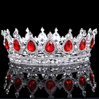 Luksusa Shinning Kāzu Kronis Sakausējuma Līgavas Līgavas Tiara Baroka Karaliene, Karaļa Kronis Zila Sarkana Rhinestone Tiara Vainagi, Kāzu