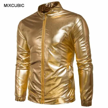 MIXCUBIC līdz 2017. gada Rudenī Anglijas stila Naktsklubi zelta Spīdīgs virsjakas, mēteļi vīriešiem casual slim Silver Glossy jakas,izmērs S-XXL