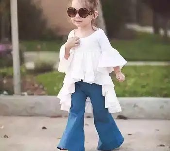 Mazumtirdzniecības Meitene Vasaras Apģērbu Komplekti Balto Trīs Ceturksnī Kleita+ Džinsa Džinsi 2gab Modes Tērpiem, Bērnu Apģērbi 1-6Y KQ173 14678