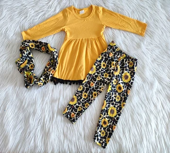 Mazumtirdzniecības saulespuķu apģērbs mazulim meitenes, rudenī dzeltens set 3pcs ar šalli mazulis boutique bērnu apģērbs, kostīmi ar leopard 2065