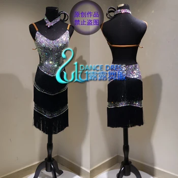 Melns Likra krāsas auduma latīņu Balles Deju Kleitu latīņamerikas deju kleita latīņamerikas deju kleitu Balles latīņu Deju Konkurss Kleita