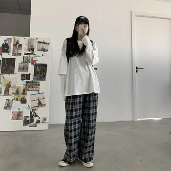 Melns Pleds Bikses Meitene Modes Vasaras Harēma Bikses Ar Augstu Vidukli, Japāna Treniņbikses Sievietes Vēsā Vasaras Hip Hop Bikses Streetwear Sieviete