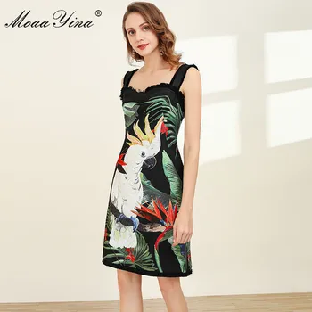 MoaaYina Modes Dizainera kleita Pavasara Vasaras Sieviešu Kleita Zaļo lapu Papagailis Drukāt Spageti siksnas Kleitas