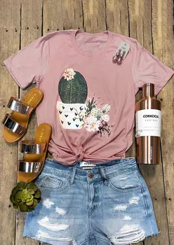 Modes Vasarā Sievietēm-Rozā O-veida Kakla T-Krekls ar Īsām Piedurknēm Kaktusa Ziedu Drukāt Sieviešu t krekls 2019 Gadījuma Femme Dāmu Topi, t-veida