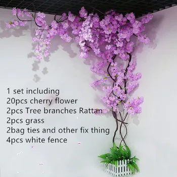 Mākslīgā Ķirsis Sakura Koks Stumbrs ar viltus Ķiršu Ziedu Ziedu Žāvētu Koku Rotangpalmas komplekti mājas dzīvojamā istaba rotājumi