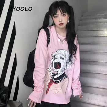 NYOOLO Harajuku Komiksu Žāvāties Meitene Drukāt garām Piedurknēm Kokvilnas t-krekls sieviešu apģērbu Rudens zaudēt sweet meitenes puloveri rozā tops tee