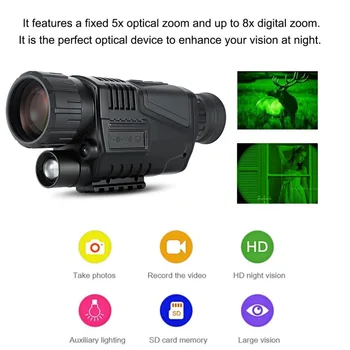 Night Vision Monokulāri Medību Jomu, Uzlādējams 5X40 HD BAK4 Regulējams Fokuss 200m infrasarkano staru kameras, Digitālās Video ierakstīšanas Ierīces