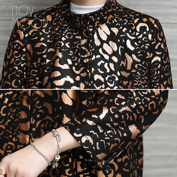 Novmoop franču elegants ziemas zelts, sudrabs leopards izdrukāt aitādas īstas ādas jaka sieviešu mēteli veste cuir LT2968