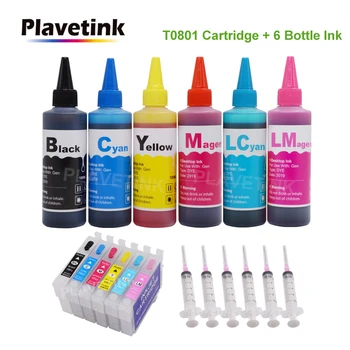Plavetink T0801 - T0806 Tintes Uzpilde Kārtridži Epson Stylus PX650W 660 660+ 700W 710W 720WD + 6×100 ml Pudele Printeri Tintes