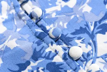 Retro Ilgi Puff Sleeve Blue balto Ziedu Drukāt Krekls Sievietēm ar Vienu krūtīm, pogas, Slaids Viduklis Īss Blūze Meitenei Topi