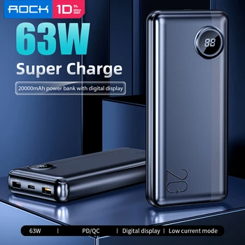 Rock 20000 Mah Jauda Banka Usb C Pd Ātri, Ātri 3.0 63W Draagbare Externe Batterij Oplader Led Displejs Powerbank voor Iphone Xiaom