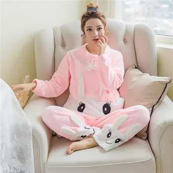 Rudens Ziemas Sieviešu Pidžamas Komplekti Silts Flaneļa garām Piedurknēm Pijama Dzīvnieku Print Homewear Bieza Sleepwear Plus Izmēri M-2XL Pyjama