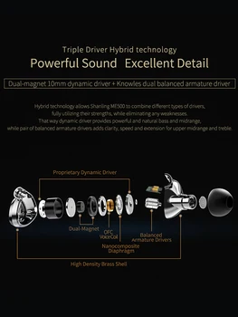 SHANLING ME500 HiFi Audio Trīskāršs Hibrīds Vadītāja(1DD+2 Knowles BA) Austiņas IVP Misiņa metāla apvalks ar Noņemamām MMCX kabelis 27217