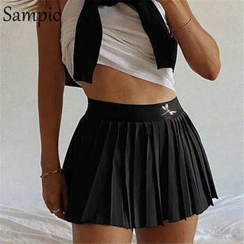 Sampic vasaras modes gadījuma drukāt mini sieviete svārki ar augstu vidukli, melna balta, seksīga, īsa kroku svārki 2020