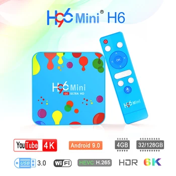 Set Top Box H96 Mini H6 4GB+128GB Android 9.0 TV Kastē Allwinner H6 Četrkodolu 6K H. 265 Wifi Netflix, Youtube, Google Voice TV