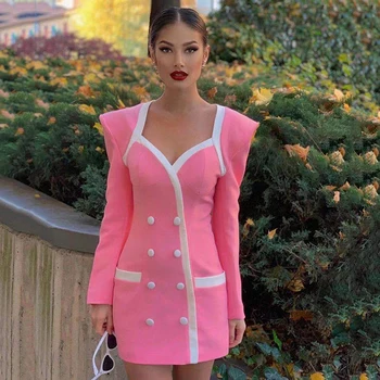 Sexy Pink Formālu Kleita Biroja Dāma Sievietēm Double Krūtīm Slim Mini Kleita Slavenība Vakara Puse Rudens Jaunu Kleitu 2020. Gada Sieviete