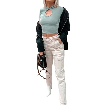 Sexy Sievietes Dobi no Tee topi Vasaras Gadījuma pamata cietā augsta kakla Džemperi ar Īsām piedurknēm Slim Kultūraugu top Modes Elastīgs T Krekls