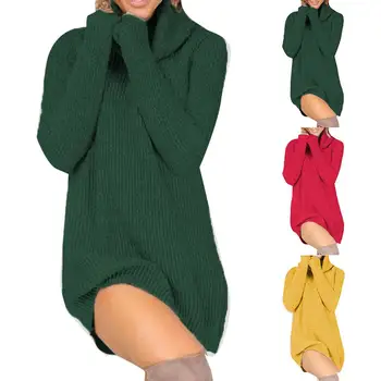 Sievietes augstu uzrullētu apkakli Zaudēt garš Džemperis kleita sievietēm Bieza adīta Rudens Ziemas gadījuma Siltu kleitu, džemperi, lai sieviete