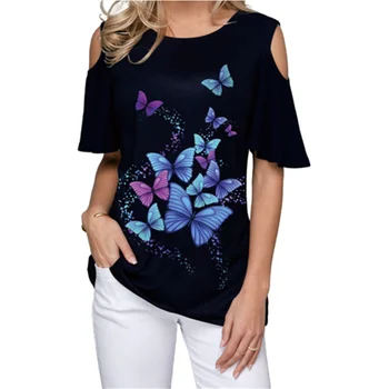 Sieviešu 2020. gada Vasarā Jaunu Brīvs T Krekls Gadījuma Īsām Piedurknēm Topi, t-veida, Sexy Pie Pleca Drukāt O Kakla Vintage T-Krekls Plus Izmērs S-5XL 2034