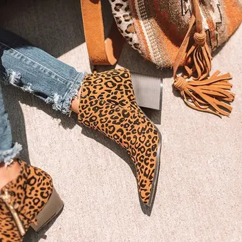 Sieviešu Leopards Drukāt Potītes Zābaki Kvadrātveida Papēdi Modes Norādīja Toe Dāmas Sexy kurpes 2020 