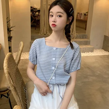Sieviešu Modes Pleds Blūzes, Krekli 2019 Jauno Vasaras Gadījuma Īsām Piedurknēm Blūze Blusas Birojs, Dāmu Topi, Korejas Sieviešu Drēbes