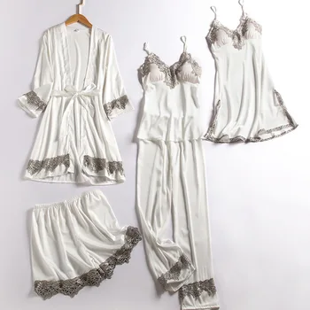 Sieviešu Peldmētelis Kimono Kleita 5GAB Sleepwear Satīna Pidžamas Uzvalks Naktsveļu Gadījuma Sexy Mežģīņu Nighty&Drēbes, Uzstādīt Naktskrekls Mājas Drēbes