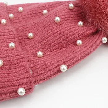 Sieviešu Unisex Cepure Fox Kažokādas Pompon Pērle Vilnas Beanies Ziemā Silts Cietā Tamborētas Trikotāžas Cepure Ar Perlamutra Dabas Jenots Pom Pom Cepures