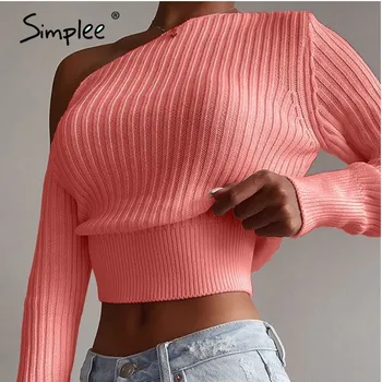 Simplee Sexy cietā sievietes viena pleca, trikotāžas džemperis slim garām piedurknēm apkakles Džemperis puse High street džemperis ziemas 2020