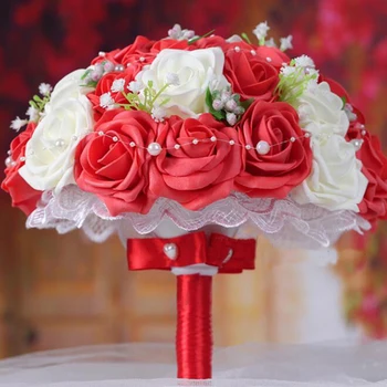 Skaista Rožu Ziedu Kāzu Pušķis ar Pērlēm Baltā, Rozā, Violeta, Koraļļu Sarkanā Burgundijas Līgavas Līgavas Pušķis de mariage 10079