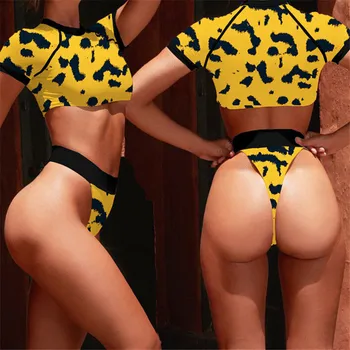 Sporta Peldkostīmi Sieviešu peldkostīms Brazīlijas Bikini, Sandales Sieviešu Peldētāju Leopard T-krekls Push up Peldkostīms divdaļīgs Kostīms Jauns