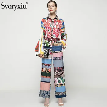 Svoryxiu ir 2021. Jaunu Skrejceļa Dizainers Vasaras Modes Divas Gabals, kas Sieviešu Ziedu Drukāt garām Piedurknēm Blūze + Plaša Kāju Bikses Uzvalki