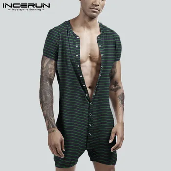 Svītrains Vīriešu Pidžamas Jumpsuit Ir 2021. Īsām Piedurknēm Pogas Gadījuma Homewear Sexy Naktsveļu Mājīgu Mens Kombinezonus Sleepwear INCERUN S-5XL 7