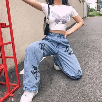 Tauriņš Drukāt Baggy Džinsa Bikses Sieviete Tīras Kokvilnas Plaša Kāju Garās Bikses Harajuku Streetwear Sieviešu Elegants Šiks Vintage Jeans