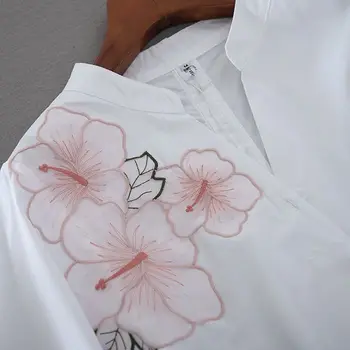 Tunika Balts Krekls Sievietēm Šifona Ziedu Izšuvumi Blūze ar V veida kakla Biroja Dāmas Topi Gadījuma Augstas kvalitātes Vasaras Puff piedurknēm
