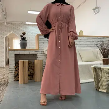 Tīru Krāsu Vienkāršas Musulmaņu Kleita Sievietēm ar garām Piedurknēm Mežģīnes-up Slim Kleita, Hijab Musulman Islāma Apģērba Dubajas Arābu Kimono Ilgi Drēbes