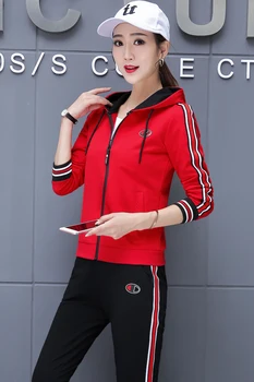 Uzstādīt sieviešu pavasara un rudens modes korejas garām piedurknēm liela izmēra plānās gadījuma valkāt kapuces džemperis trīs gabals uzvalku Sarkans melns