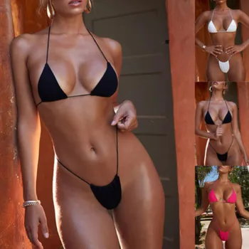 Vasaras Jaunā Sieviešu Peldkostīmi Bikini Komplekts Triangle Krūšturis Sexy Thong Pārsējs Push-Up Polsterējumu Peldkostīmu Peldvietu Beachwear 2 Gabali