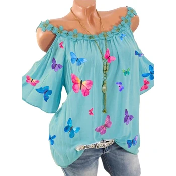Vicabo Plus Lieluma Tauriņu Tshirt Sieviešu Vasaras Topi Off Pleca T-krekls Dāmas Sexy Gadījuma Lakrosa Sieviešu Apģērbu Mežģīnes-up Top