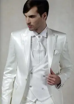 Vintage Garu, Baltu Ilgi, Kāzu Tuxedos Līgavainis 2018 Trīs Gabals, Pasūtījuma izgatavotu Oficiālo Vīriešu Uzvalki (Žakete + Bikses + Veste) terno