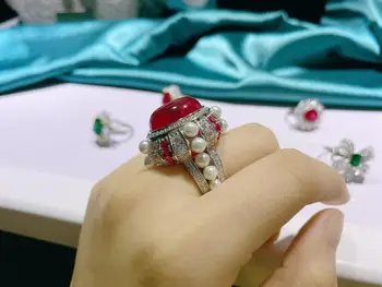 Vintage Olu 15ct Ruby Pearl, Diamond Ring Oriģināls 925 sterling sudraba Saderināšanās Kāzu joslā Gredzeni Sievietēm Smalkas Rotaslietas