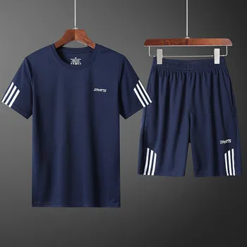 Vīriešiem Gadījuma Komplekti Modes 2 GAB Sviedri Svītrainu Uzvalku ar Īsām Piedurknēm T-krekls, Šorti Komplekti Vīriešu Sporta Tracksuit Vasaras Sportsuits