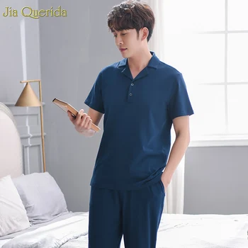 Vīriešu Pyjama Ir 2021. Jaunu, Kokvilna (Coton Pidžamas Komplekts Īsās Piedurknes Garas Bikses Atloks, Cietā Navy Vīriešiem Sleepwear Atpūtas Plus Lieluma Pjs