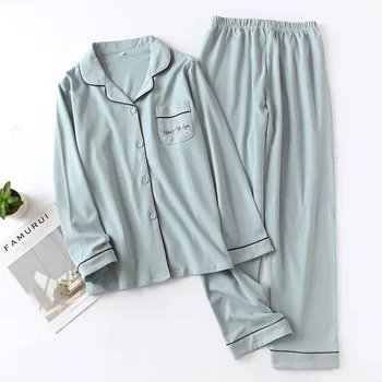 Vīriešu Un Sieviešu Pilnīgu Kokvilnas Pidžamas Komplekts Mīļotājiem Komfortu tīrtoņa Krāsu Homewear 2020. Gada Pavasarī Jauno Pāri, Turn-Apkakle Sleepwear